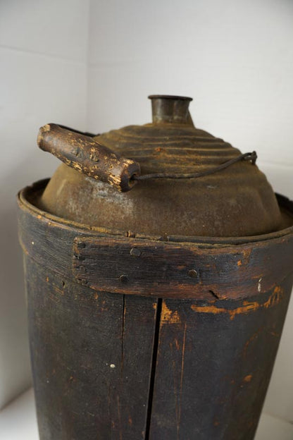 Antique Brown Wood Wrapped Metal Kerosene Gas Fuel Can with Wood Handle