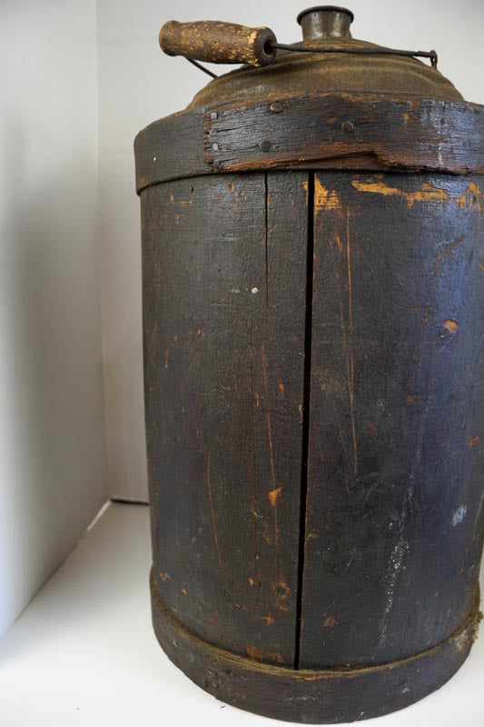 Antique Brown Wood Wrapped Metal Kerosene Gas Fuel Can with Wood Handle