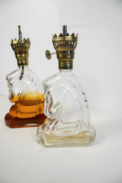 Glass Small Horse Head Glass Oil Lamp Matching Pair - No Shades