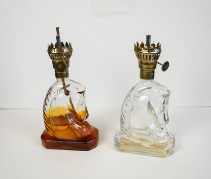 Glass Small Horse Head Glass Oil Lamp Matching Pair - No Shades
