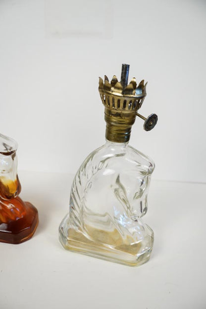 Glass Small Horse Head Glass Oil Lamp Matching Pair - No Shades