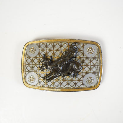 Cowboy Saddle Bronc Western Belt Buckle With Silver & Gold Colored Base