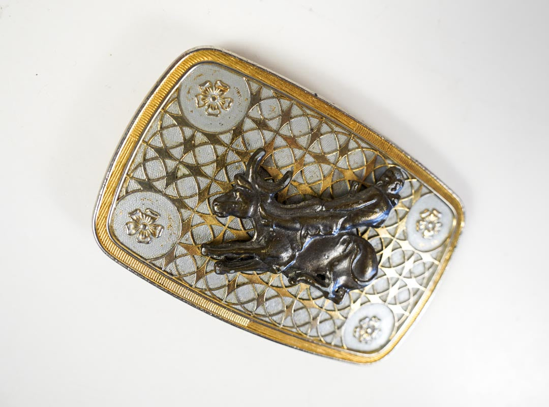 Cowboy Saddle Bronc Western Belt Buckle With Silver & Gold Colored Base
