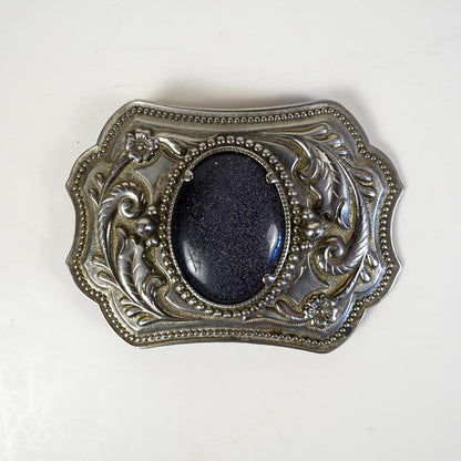 Western Floral Embossed Metallic Blue Star Stone Silver Tone Belt Buckle