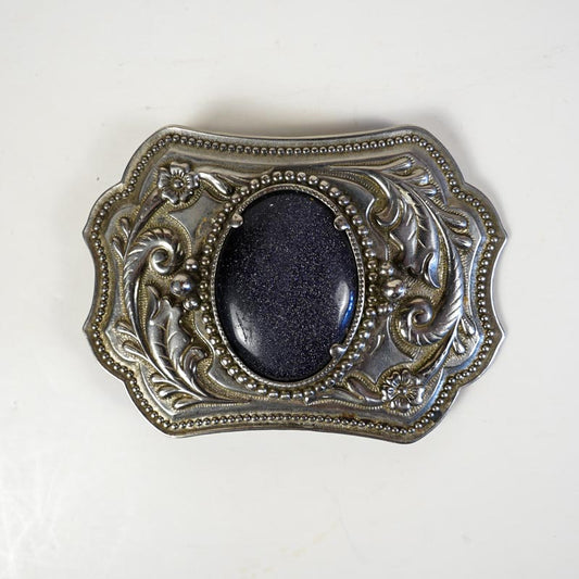 Western Floral Embossed Metallic Blue Star Stone Silver Tone Belt Buckle