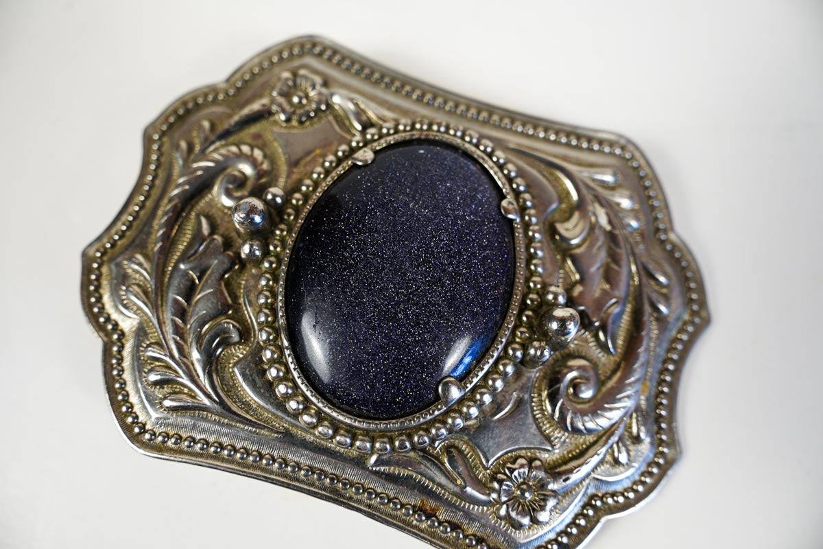 Western Floral Embossed Metallic Blue Star Stone Silver Tone Belt Buckle
