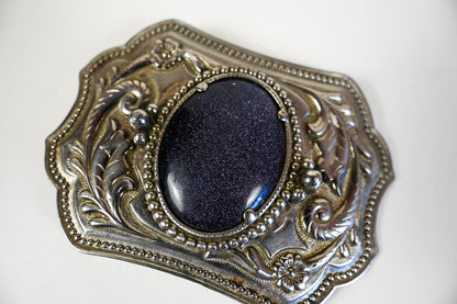 Western Floral Embossed Metallic Blue Star Stone Silver Tone Belt Buckle