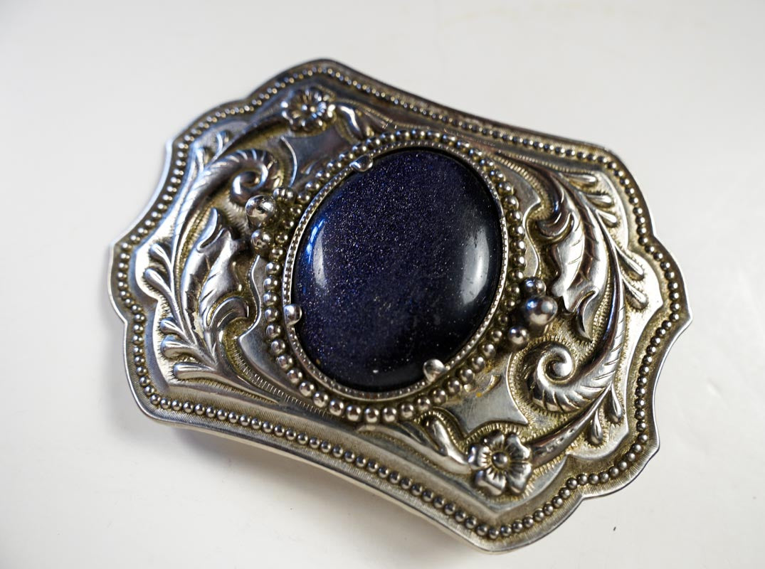 Western Floral Embossed Metallic Blue Star Stone Silver Tone Belt Buckle