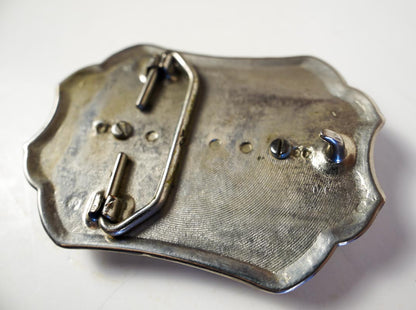 Western Floral Embossed Metallic Blue Star Stone Silver Tone Belt Buckle