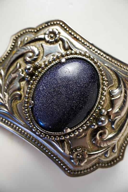 Western Floral Embossed Metallic Blue Star Stone Silver Tone Belt Buckle