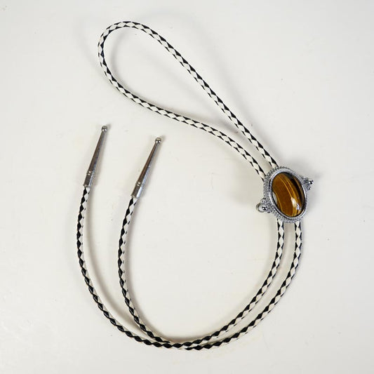 Tiger's Eye Stone Bolo Tie Western B&W Leather Rope Silver Color Accents