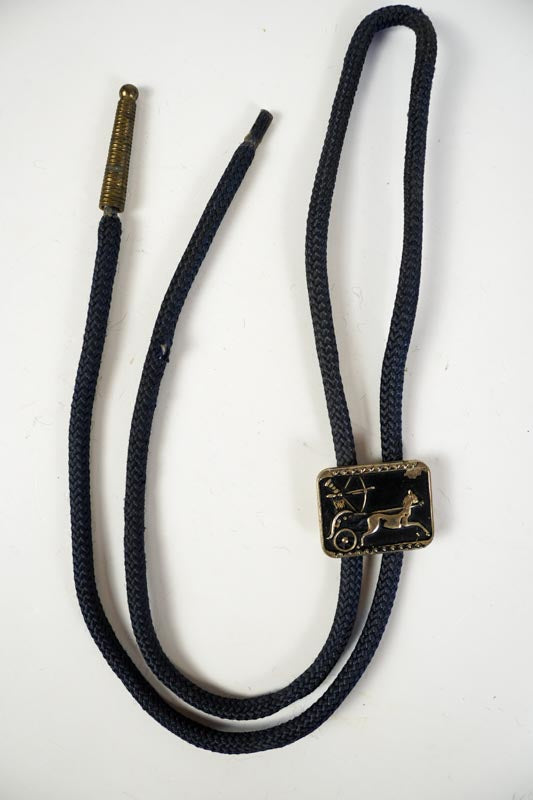 Roman Chariot Horse Bolo Tie Black & Gold Nylon Tie 1970s