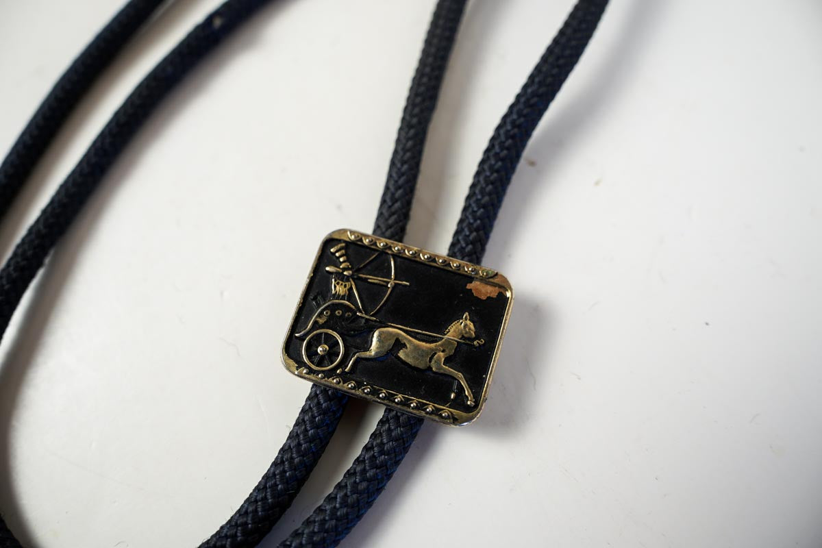 Roman Chariot Horse Bolo Tie Black & Gold Nylon Tie 1970s