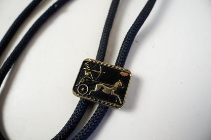 Roman Chariot Horse Bolo Tie Black & Gold Nylon Tie 1970s