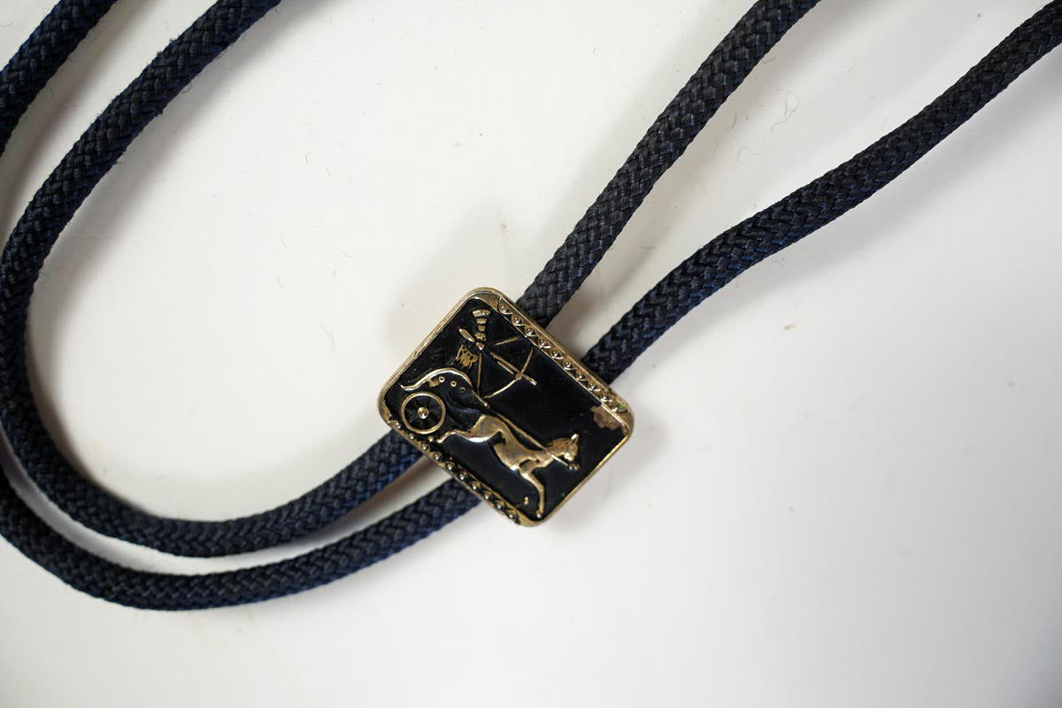 Roman Chariot Horse Bolo Tie Black & Gold Nylon Tie 1970s