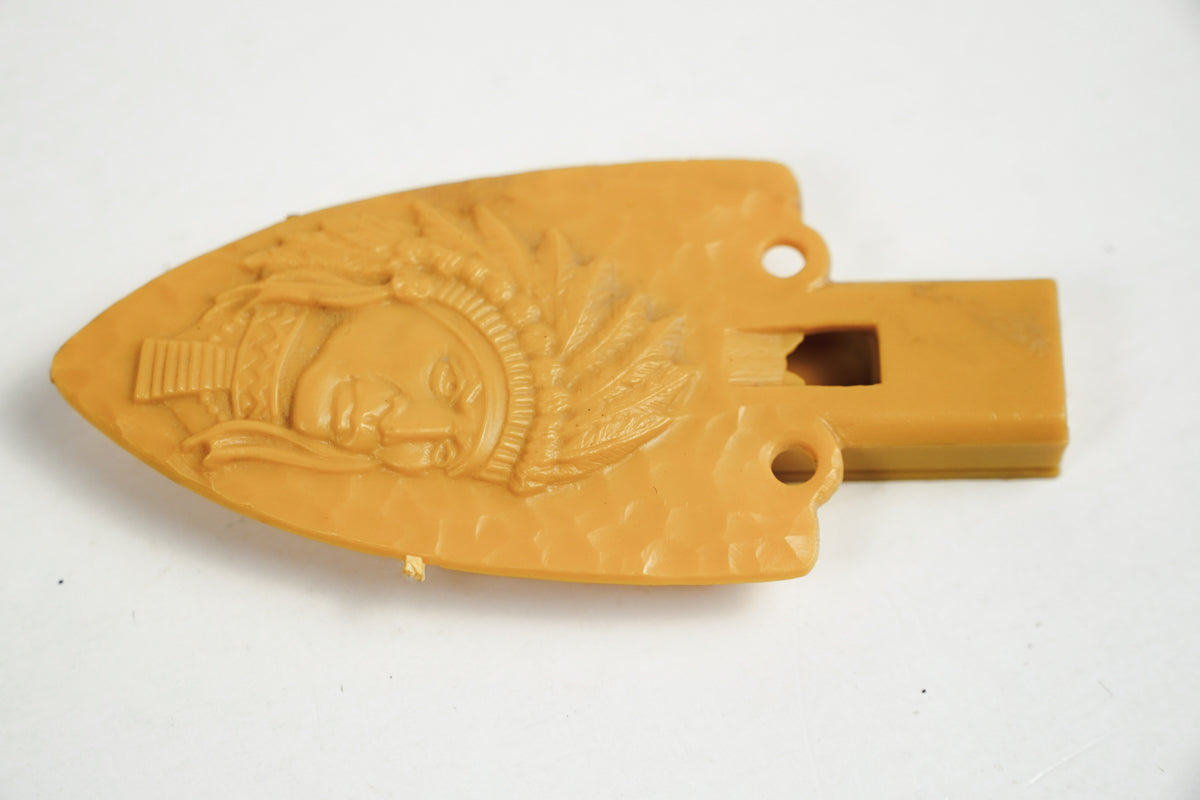 P.F. Flyers Arrowhead Whistle 1960s Indian Chief Head Yellow Plastic Whistle