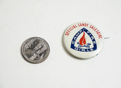 Vintage White Official Candy Salesgirl Camp Fire Girls Scouts Button Pin