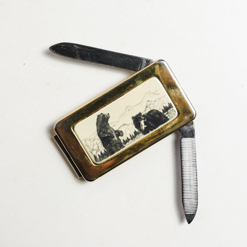 Gold Toned Bear Inlay Money Clip Pocket Knife Fingernail File