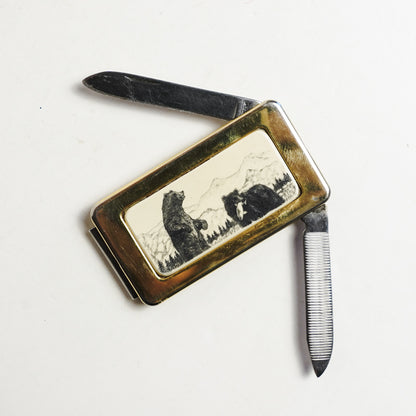 Gold Toned Bear Inlay Money Clip Pocket Knife Fingernail File
