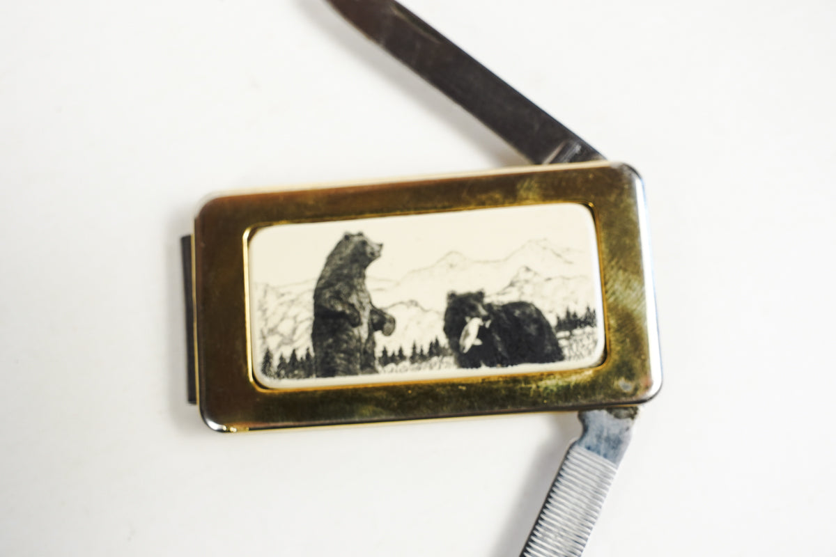 Gold Toned Bear Inlay Money Clip Pocket Knife Fingernail File