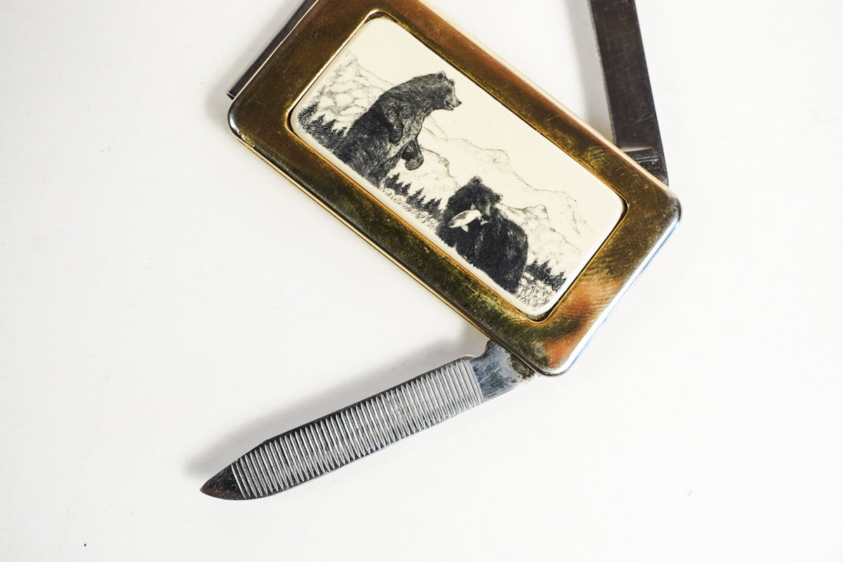 Gold Toned Bear Inlay Money Clip Pocket Knife Fingernail File