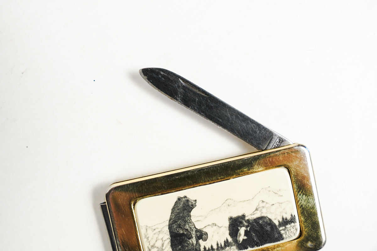Gold Toned Bear Inlay Money Clip Pocket Knife Fingernail File