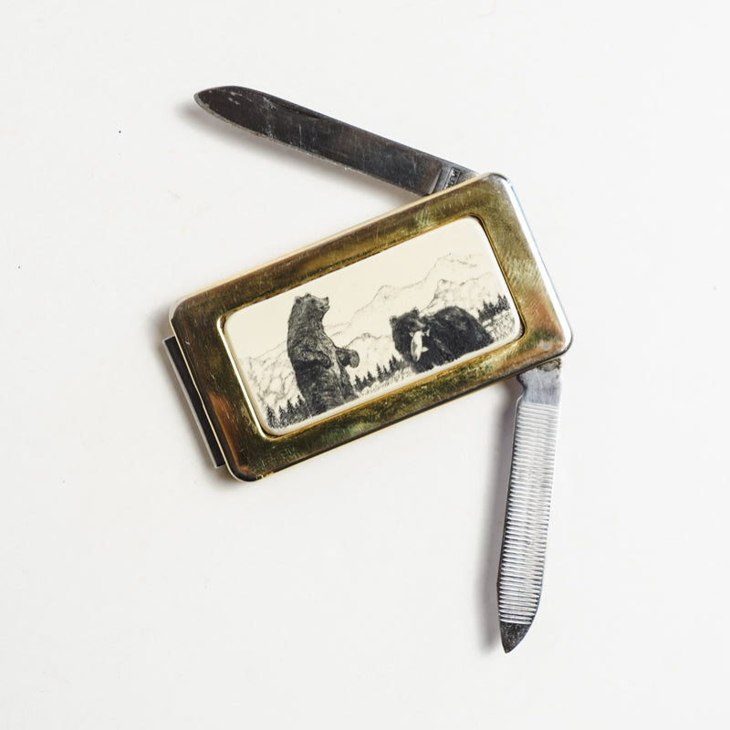 Gold Toned Bear Inlay Money Clip Pocket Knife Fingernail File