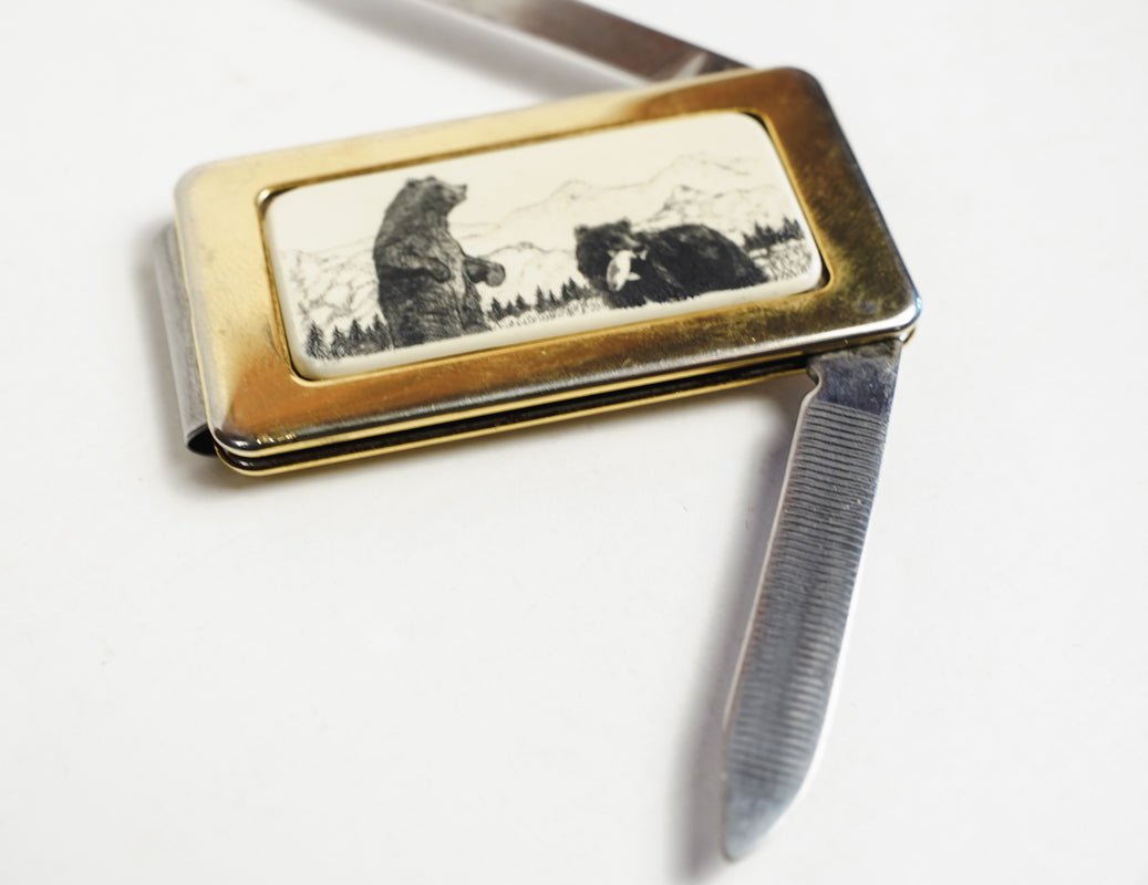 Gold Toned Bear Inlay Money Clip Pocket Knife Fingernail File