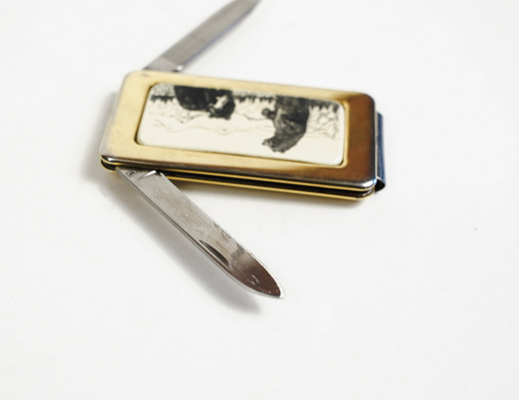 Gold Toned Bear Inlay Money Clip Pocket Knife Fingernail File