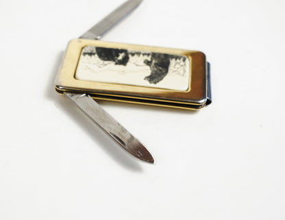 Gold Toned Bear Inlay Money Clip Pocket Knife Fingernail File