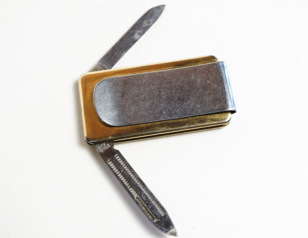 Gold Toned Bear Inlay Money Clip Pocket Knife Fingernail File