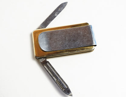 Gold Toned Bear Inlay Money Clip Pocket Knife Fingernail File