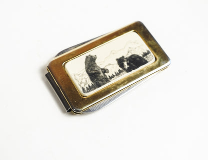 Gold Toned Bear Inlay Money Clip Pocket Knife Fingernail File