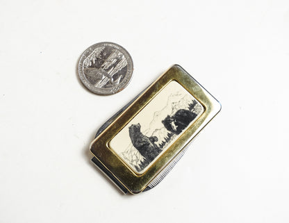 Gold Toned Bear Inlay Money Clip Pocket Knife Fingernail File