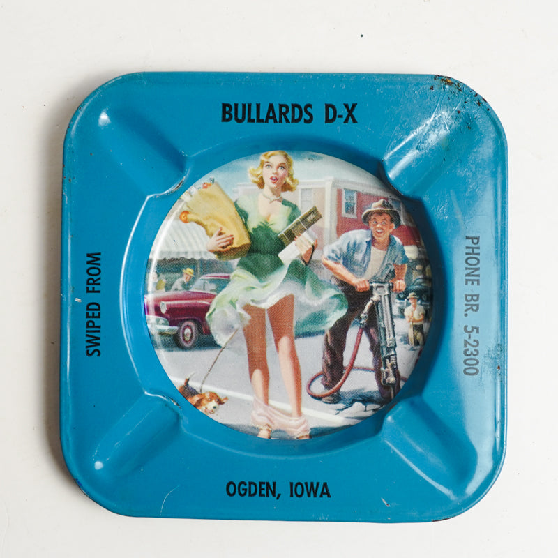 Dullards DX Pinup Girl Ogden, Iowa Blue Metal Square Ashtray