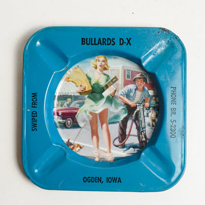 Dullards DX Pinup Girl Ogden, Iowa Blue Metal Square Ashtray