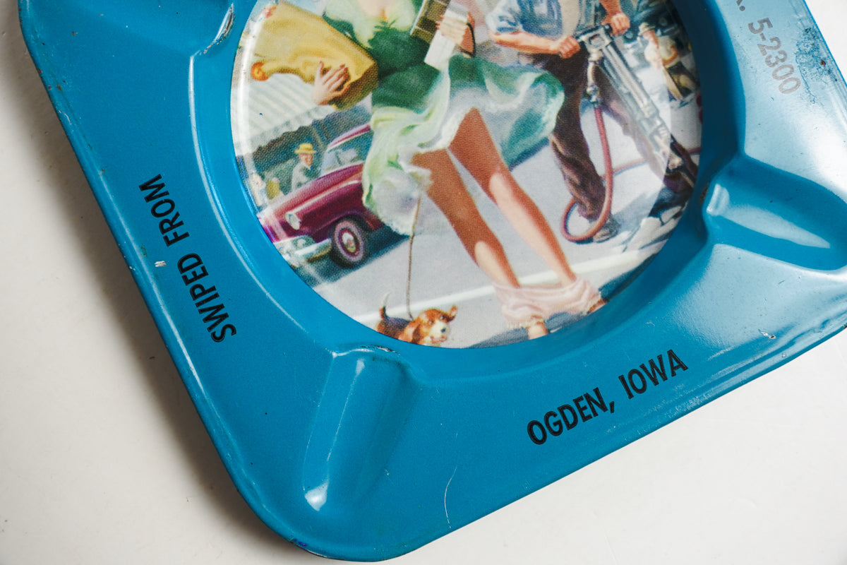 Dullards DX Pinup Girl Ogden, Iowa Blue Metal Square Ashtray