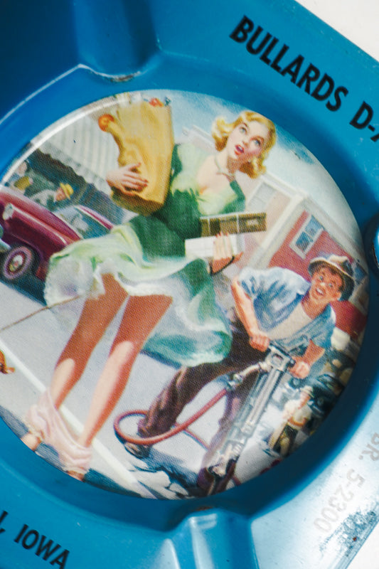 Dullards DX Pinup Girl Ogden, Iowa Blue Metal Square Ashtray