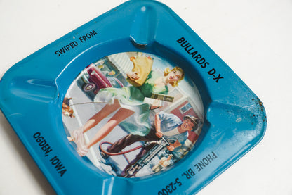Dullards DX Pinup Girl Ogden, Iowa Blue Metal Square Ashtray