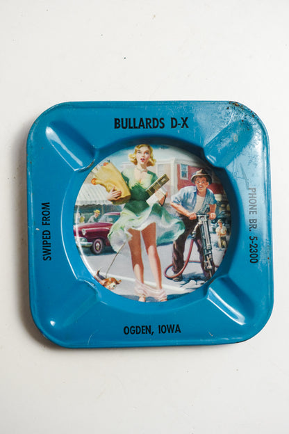 Dullards DX Pinup Girl Ogden, Iowa Blue Metal Square Ashtray
