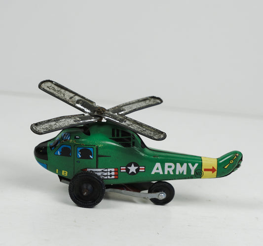 1950s ND Tin Lithograph Toy Green Helicopter "Army" Nakamura Japan Rolling