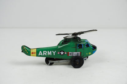1950s ND Tin Lithograph Toy Green Helicopter "Army" Nakamura Japan Rolling