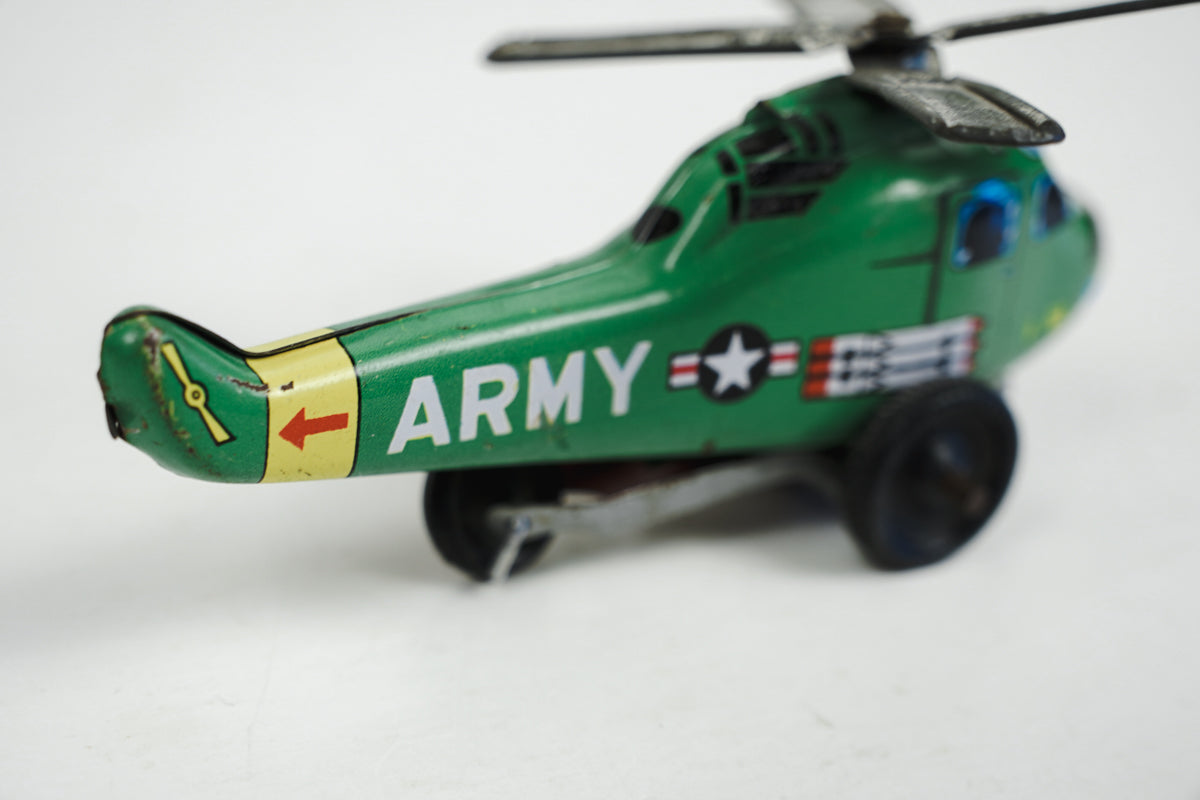 1950s ND Tin Lithograph Toy Green Helicopter "Army" Nakamura Japan Rolling