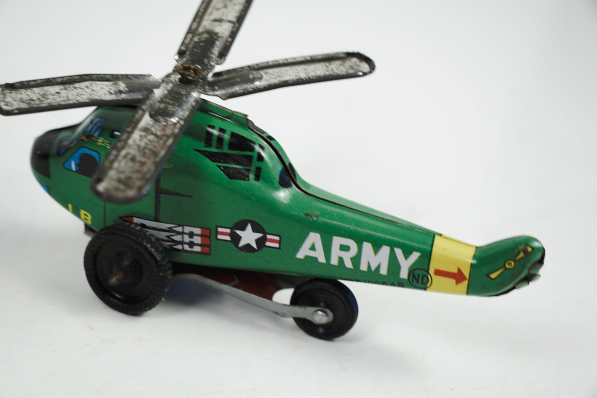 1950s ND Tin Lithograph Toy Green Helicopter "Army" Nakamura Japan Rolling
