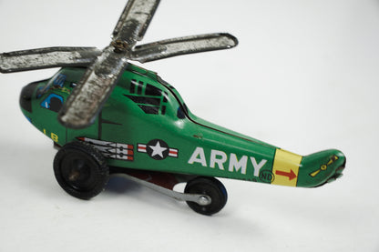 1950s ND Tin Lithograph Toy Green Helicopter "Army" Nakamura Japan Rolling