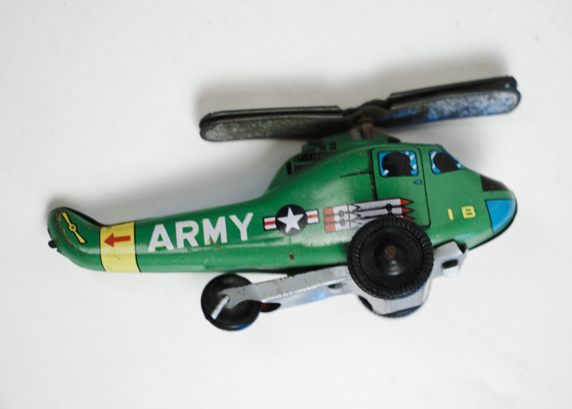 1950s ND Tin Lithograph Toy Green Helicopter "Army" Nakamura Japan Rolling