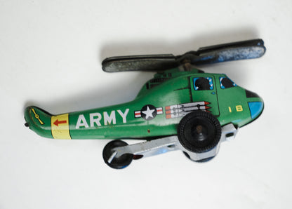 1950s ND Tin Lithograph Toy Green Helicopter "Army" Nakamura Japan Rolling