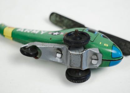 1950s ND Tin Lithograph Toy Green Helicopter "Army" Nakamura Japan Rolling