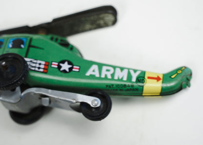 1950s ND Tin Lithograph Toy Green Helicopter "Army" Nakamura Japan Rolling