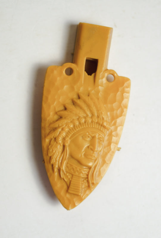 P.F. Flyers Arrowhead Whistle 1960s Indian Chief Head Yellow Plastic Whistle